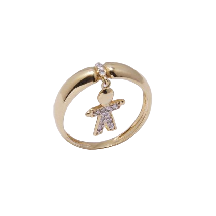 Anel em ouro amarelo 18k e diamantes, com um boneco pendente